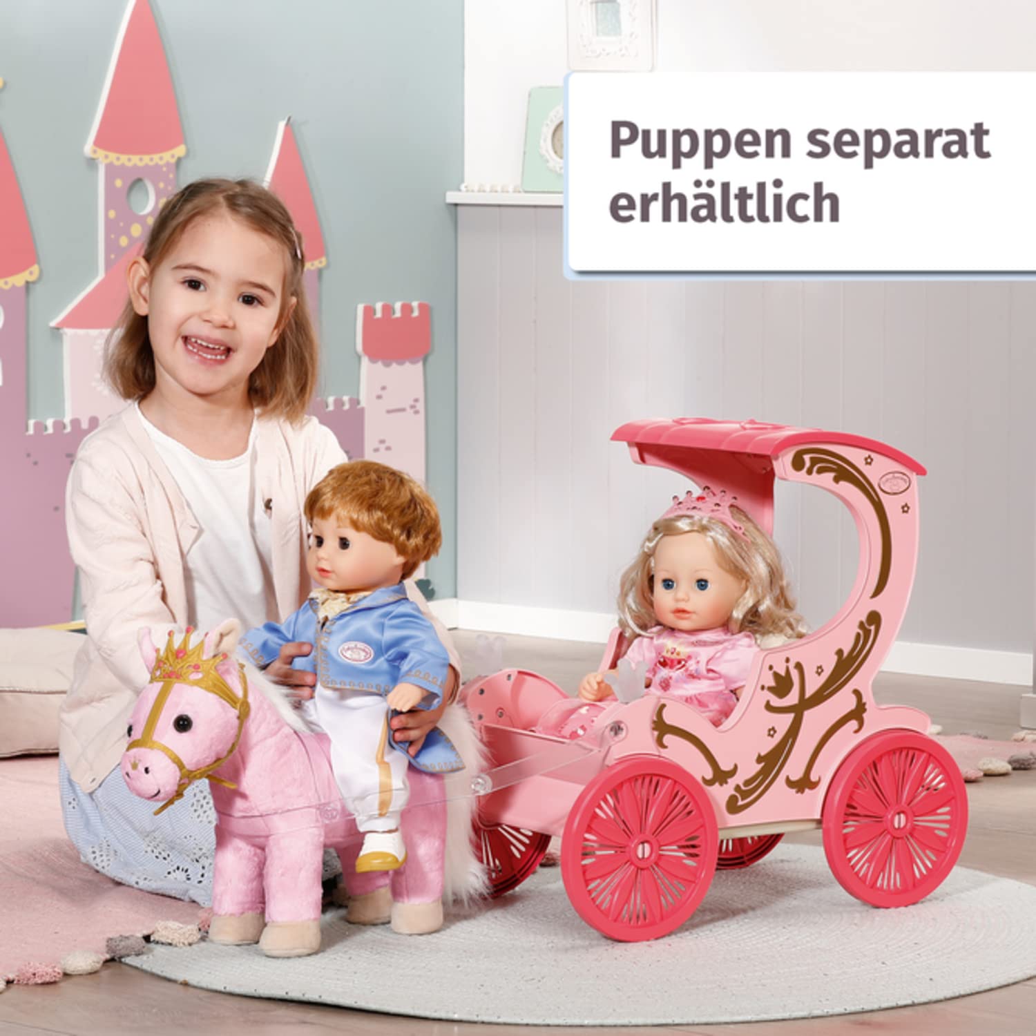 Baby Annabell Little Sweet Kutsche und Pony, 2-in-1 Puppenwagen und Kutsche mit Plüschpony, Lichteffekten und abnehmbarem Schiebegriff, 707210 Zapf Creation