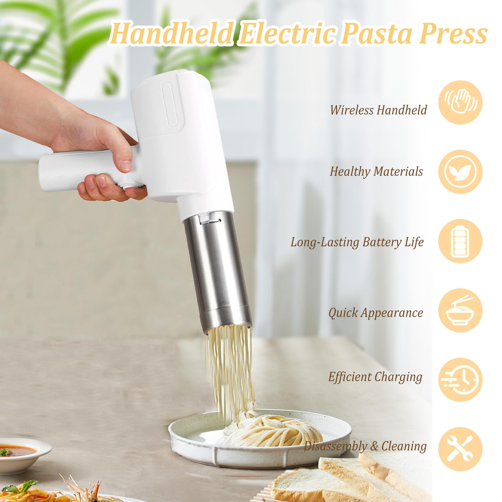 Máquina de pasta eléctrica portátil, 40 W, máquina de pasta eléctrica de mano, con 5 formas de pasta, recargable, máquina de pasta de acero inoxidable para espaguetis, fettuccine