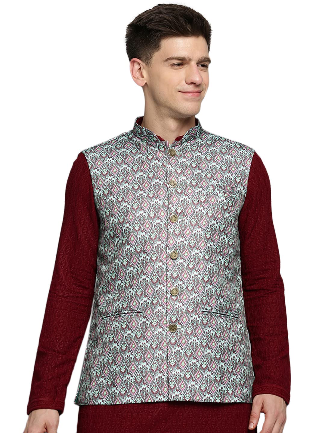 SHOWOFF Men's Printed Green Ethnic Nehru Jackets-PR-108_Green-image-1
