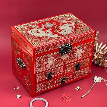 Jewelry Box With Mother Of Pearl Inlay - Handcrafted Wooden Collector's Case For Jewelry Storage - Vintage Lacquerware With Copper Filigree Small, Medium, Large Red,Large