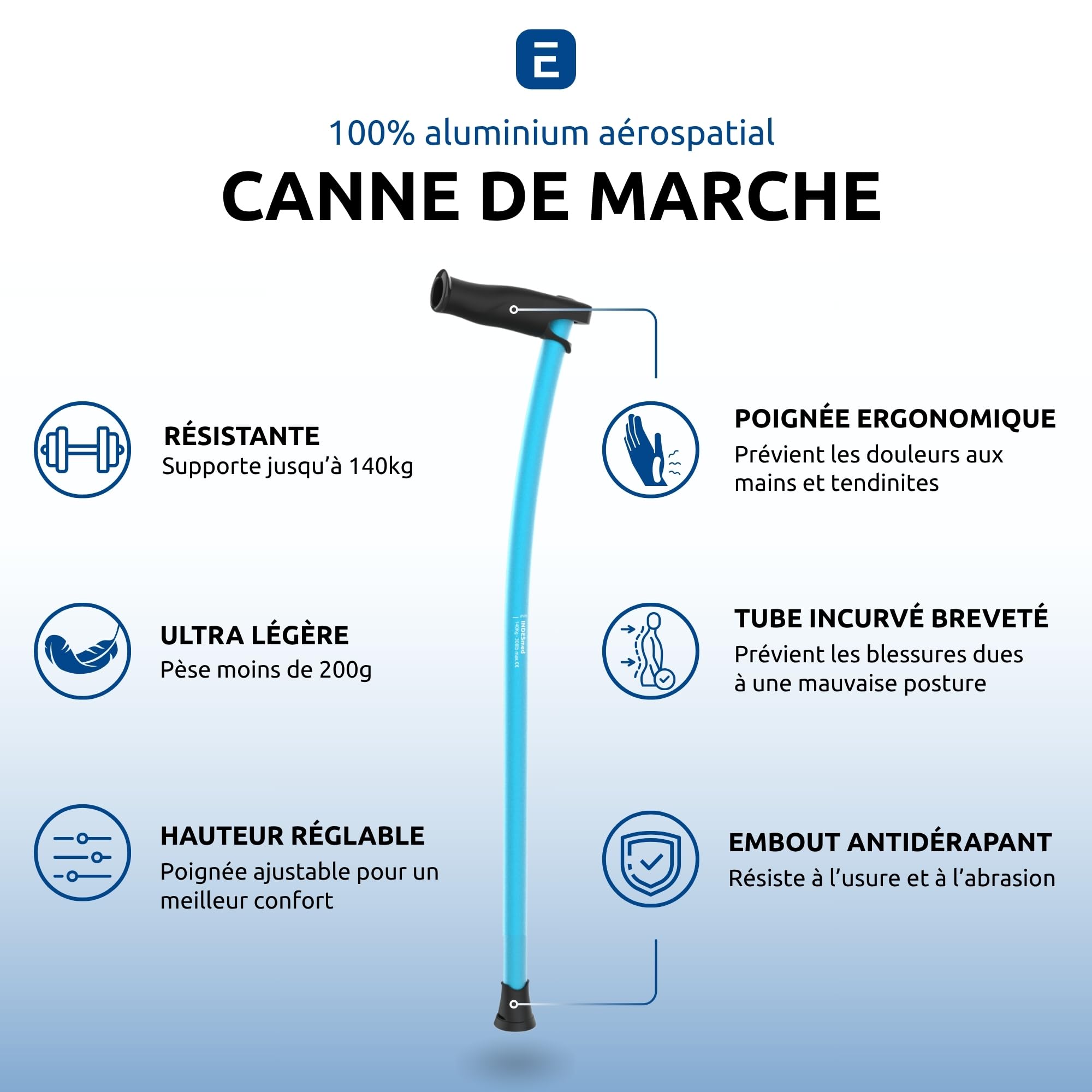 Canne de Marche Légère 100% Aluminium Aérospatial, Ergonomique, Bleu, S