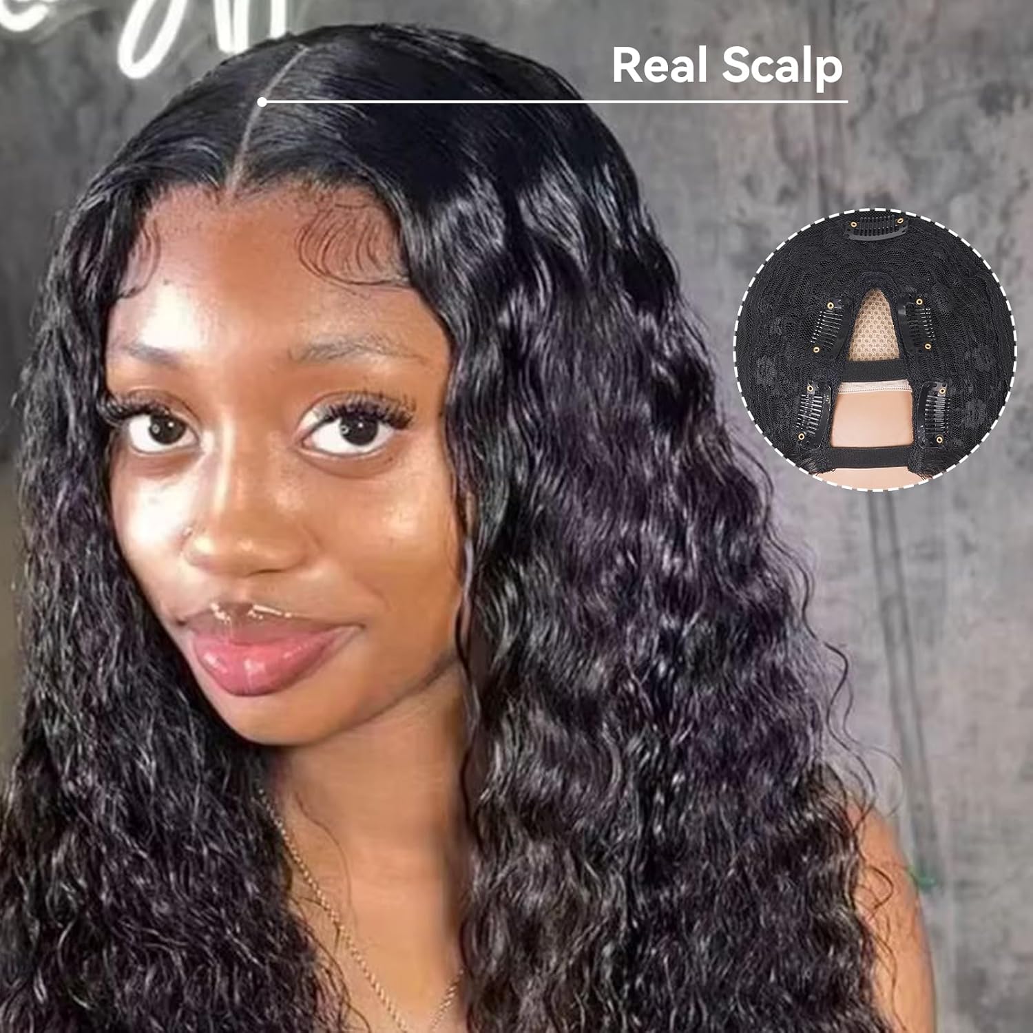 V Part Wig Water Wave Half Wigs for Black Women, Upgrade U Part Synthetic Loose Wavy Wig, Wear & Go Glueless Wig Beginner-Friendly V Shape No Sew No Leave Out Clip (Black 1B, 22 Inch)