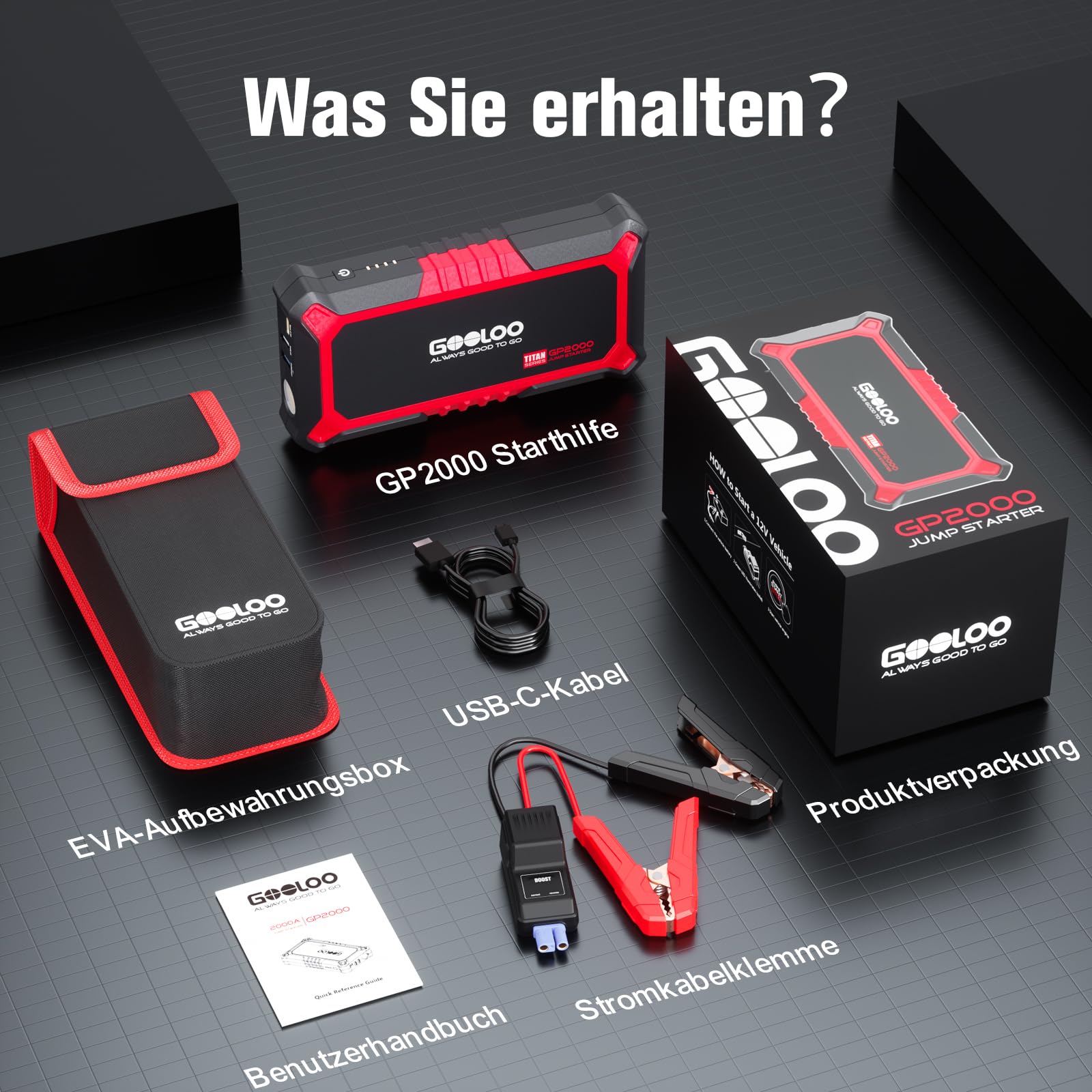 GOOLOO GP2000 Starthilfe Powerbank für Pkw, 2000A Supersafe Auto Starthilfe Powerbank für 12V (Bis zu 8.0L Benzin & 6.0L Diesel), Booster Autobatterie mit USB-Schnellladung, Starthilfekabel und LED