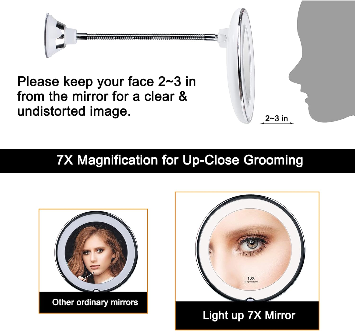 7X Magnifying Mirror with Lights, Flexible Mirror as seen on TV, Powerful Suction Cup, 360° Swivel Flexible Gooseneck Led Lighted Makeup Mirror for Bathroom Shaving Travel Vanity,, Cordless
