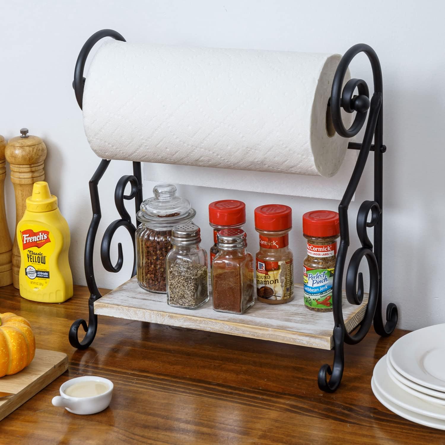 MyGift Paper Towel Holder, Black Metal with Whitewashed Wood Condiment Rack image 2