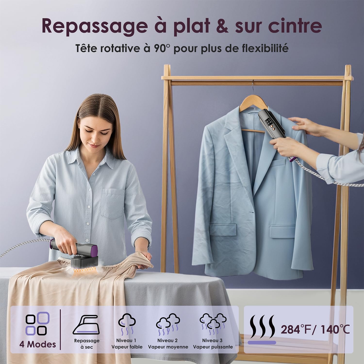 VIWAVE Défroisseur Vetement 1200 W, Fer à Repasser Double Tension 110-240V, Chauffe Rapide 15 s, Défroisseur a Main 2‑en‑1, 4 modes, écran LED, Fer a Repasser Vertical – Voyages et Maison