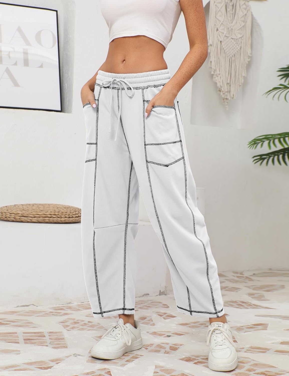 Athlisan Womens Baggy Barrel Pants Wide Leg Lounge Drawstring Sweatpants with Pockets - Image 2