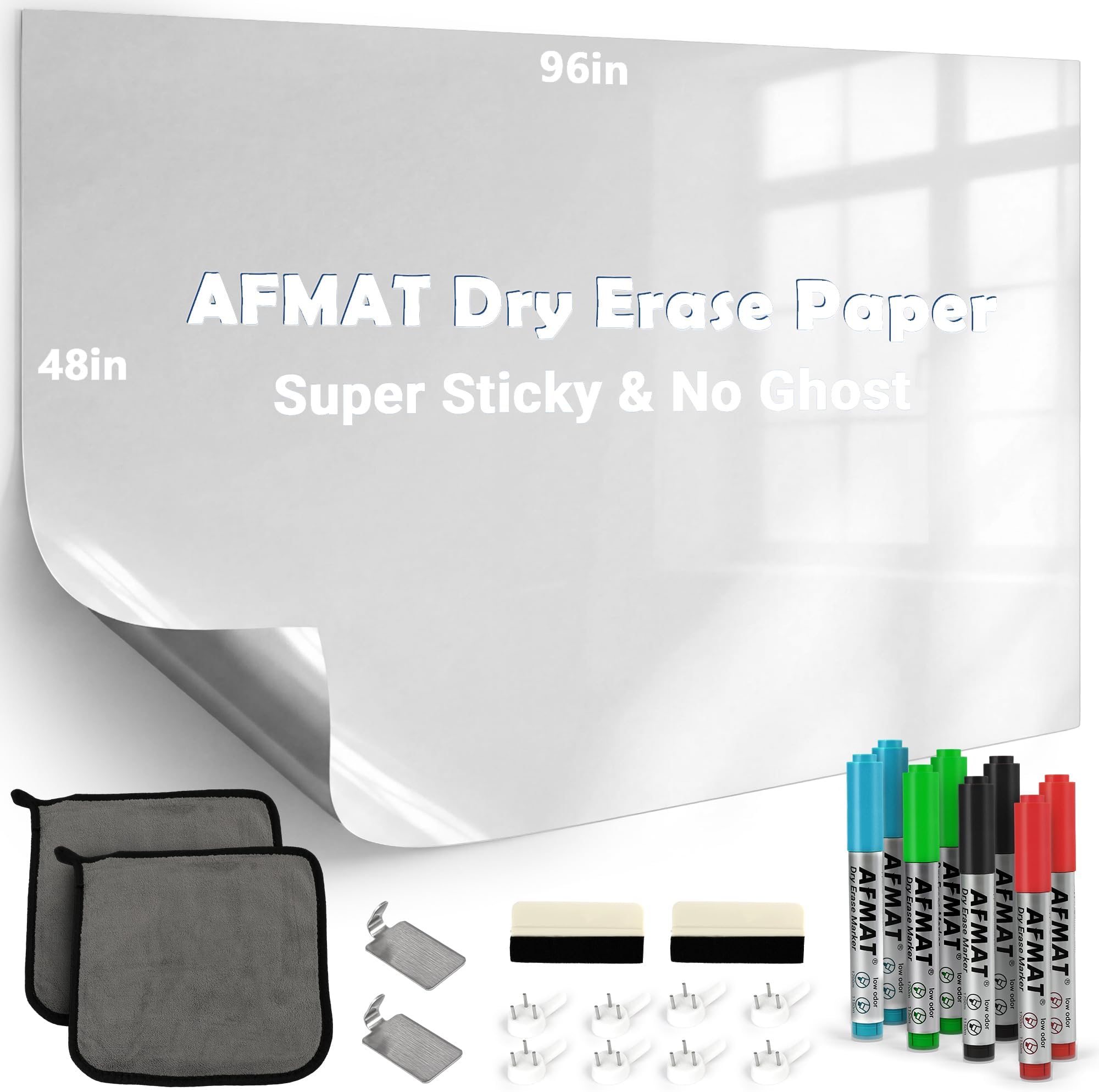 Dry Erase Whiteboard Paper, Large White Board Stickers for Wall, 8x4ft Dry Erase Paper Roll with Adhesive Backing, Perfect Replacement for White Board, No Ghost After 60 Days, 6 Much Better Markers