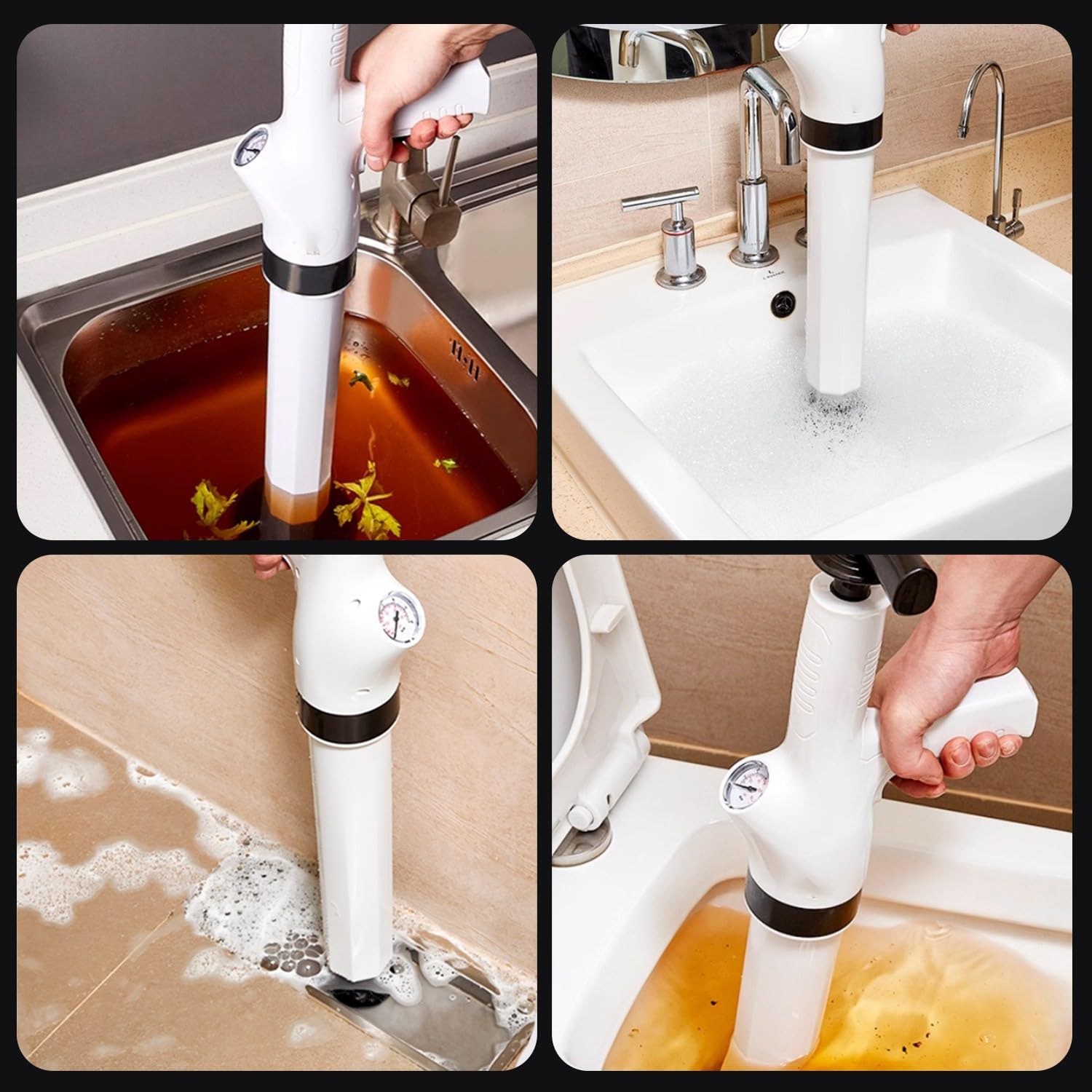 Stura WC con Barometro, Desatascador WC Presion con 4 Ventose, Desatascador de AIRE Comprimido, Pompa Stura Scarichi a Pressione, per WC Lavandino Vasca da Bagno, Grigio