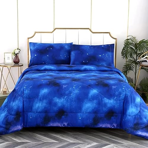 SDIII Juego de edredón de 3 piezas de galaxia azul, tamaño matrimonial, microfibra suave, ligera, azul y rosa, tamaño matrimonial, ropa de cama de