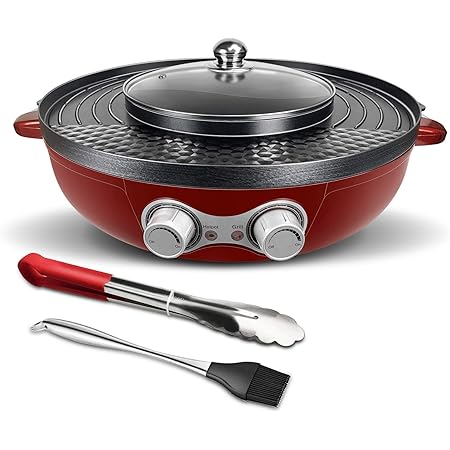 2 in 1 Electric Grill Pan and Hot Pot with Divider, w Free Clips & Brushes Combo, 2200W Dual Temperature Control Korean Shabu Shabu Indoor, Non Stick Coating, Smokeless, Split Easy Cleaning.110V 【Red】