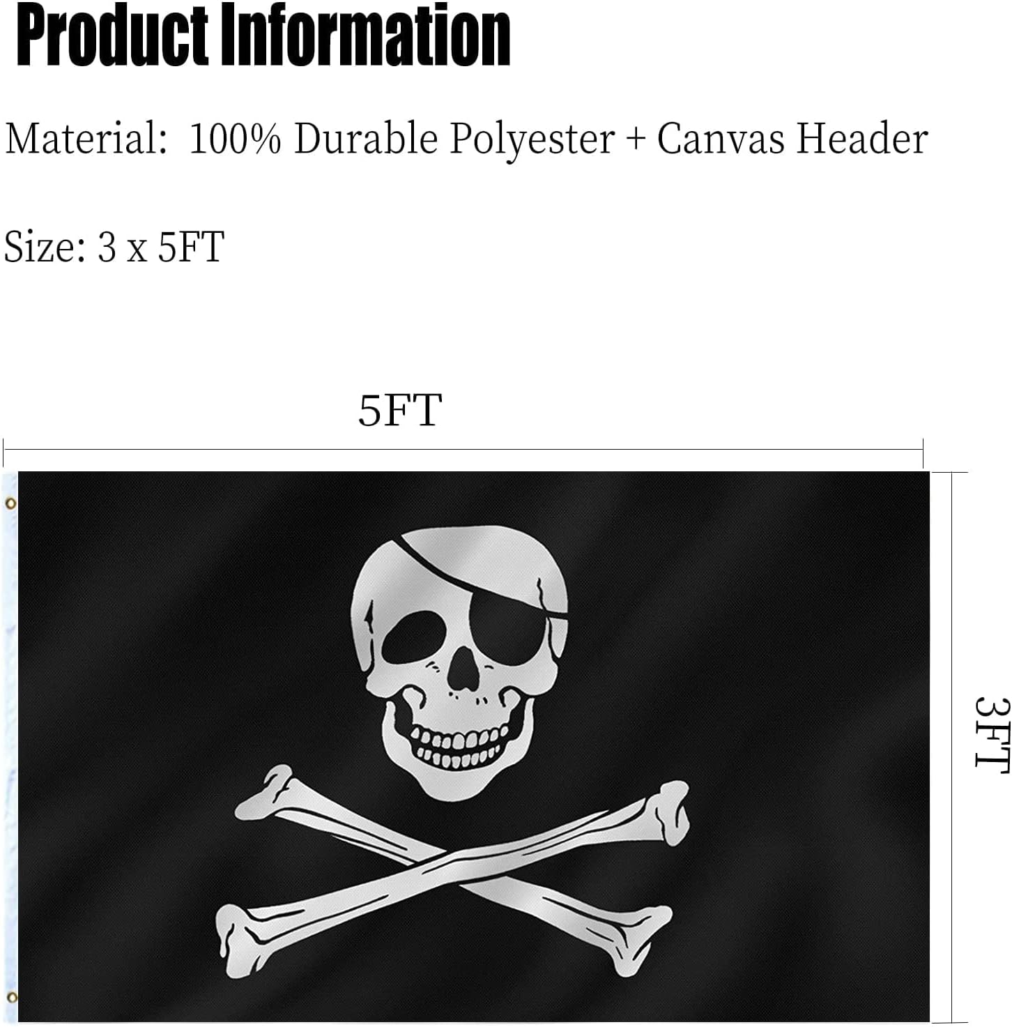 Pirate Jolly Roger Skull Flag 3x5 Double Sided for Outside Heavy Duty Skull and Crossbones Flag with 2 Brass Grommets for boat