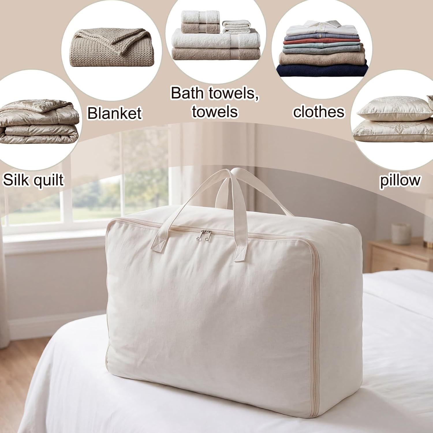 2 Pack 100% Cotton 24"x 15"x 12" White Canvas Sweater Comforter Storage Bag with Handles for Home Travel Beddings Pillow Blankets Saree Linens Organizer Thick Soft Breathable Closet Bags