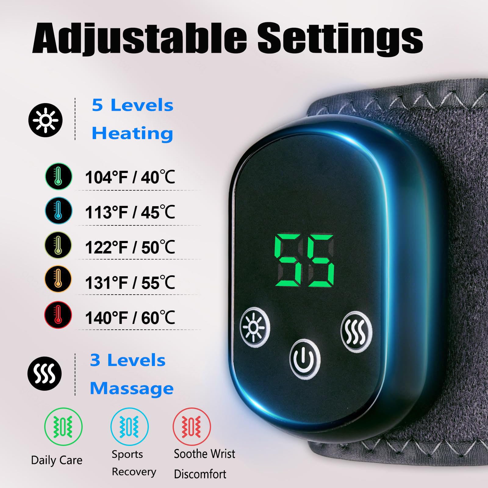 Masajeador de Muñeca para Alivio de Tendinitis y Túnel Carpal Muñequera Caliente USB, 5 Temperaturas de Calentamiento 3 Modos de Masaje(2 piezas)