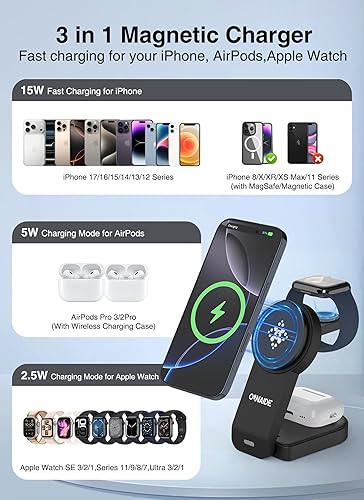 Miniatura 2 de Estación de carga 3 en 1 para cargador Apple MagSafe, estación de carga inalámbrica plegable, soporte de cargador inalámbrico magnético para iPhone
