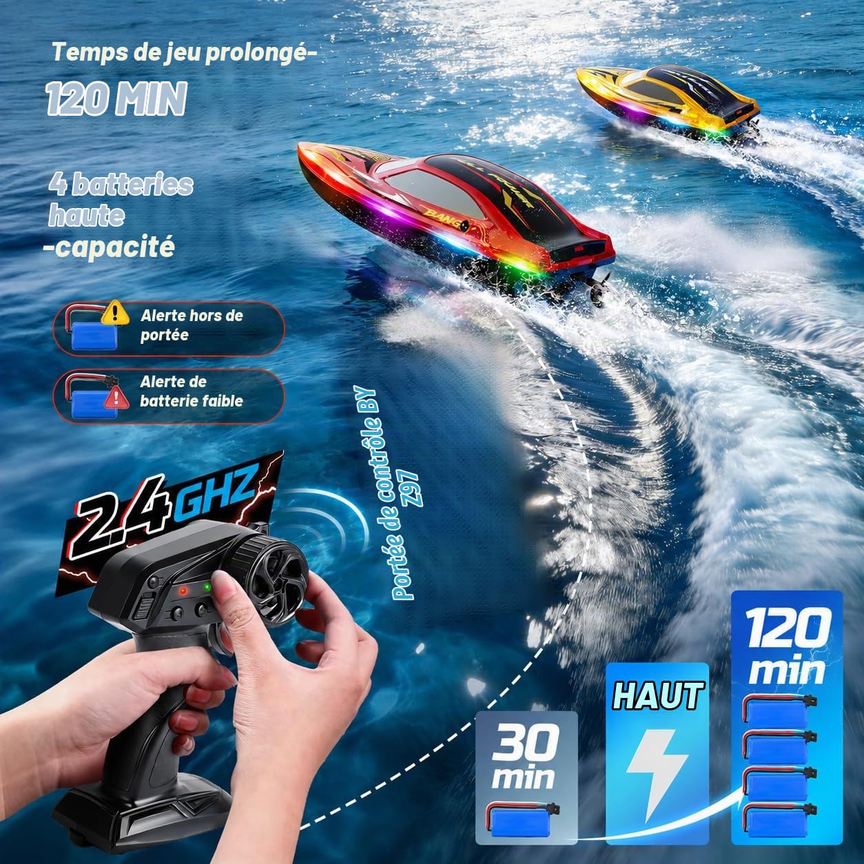 DEERC Lot de 2 Bateau Télécommandé Enfants, Bateau RC Rapide avec 4 Batteries Rechargeables, Jusqu'à 120 Min d'Autonomie, 7 Modes d'Éclairage LED, Redressement Automatique, 2,4 GHz Piscine et Lac