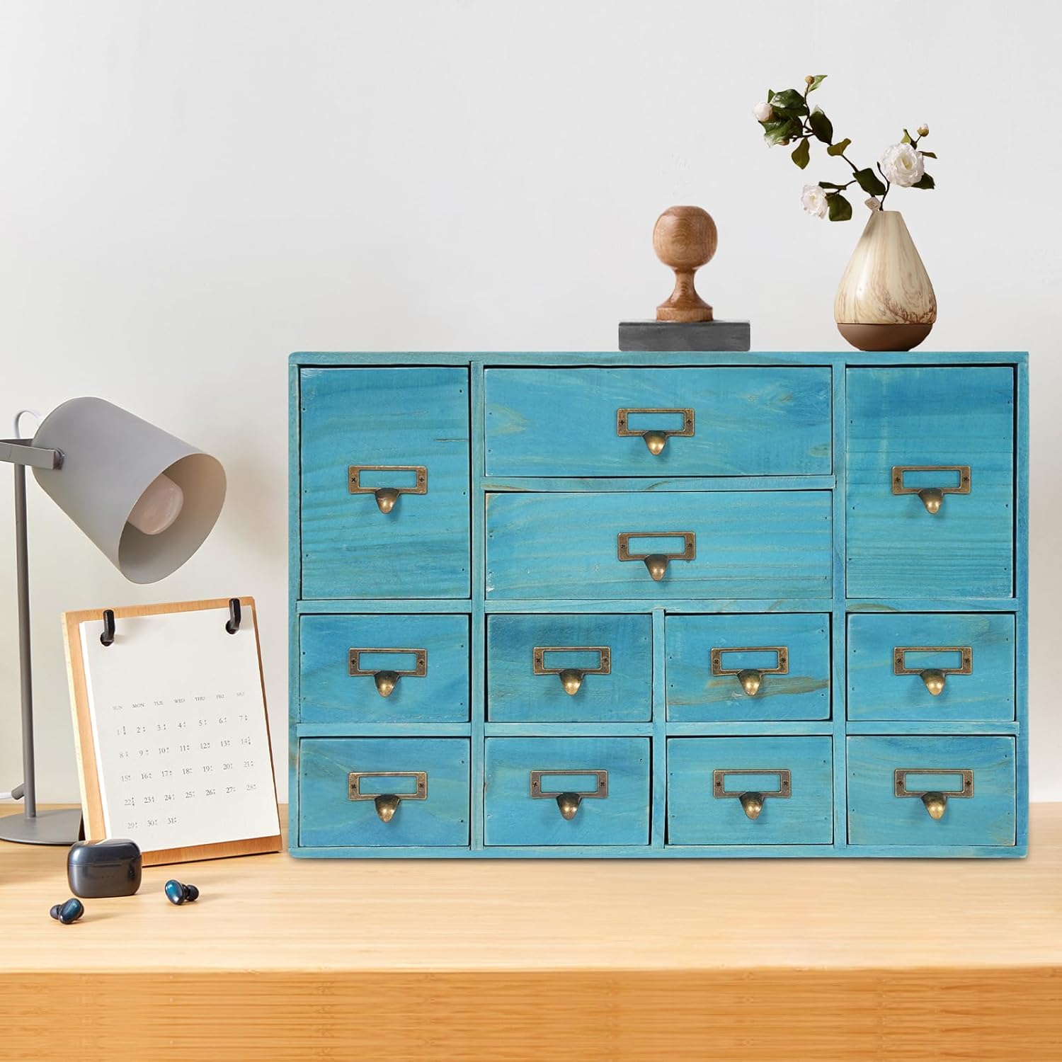 12 Drawers Apothecary Cabinet Mini Chest with Metal Handles and Label Slot, Vintage Wood Desktop Drawer Organizer Storage Box for Home Office (Blue)