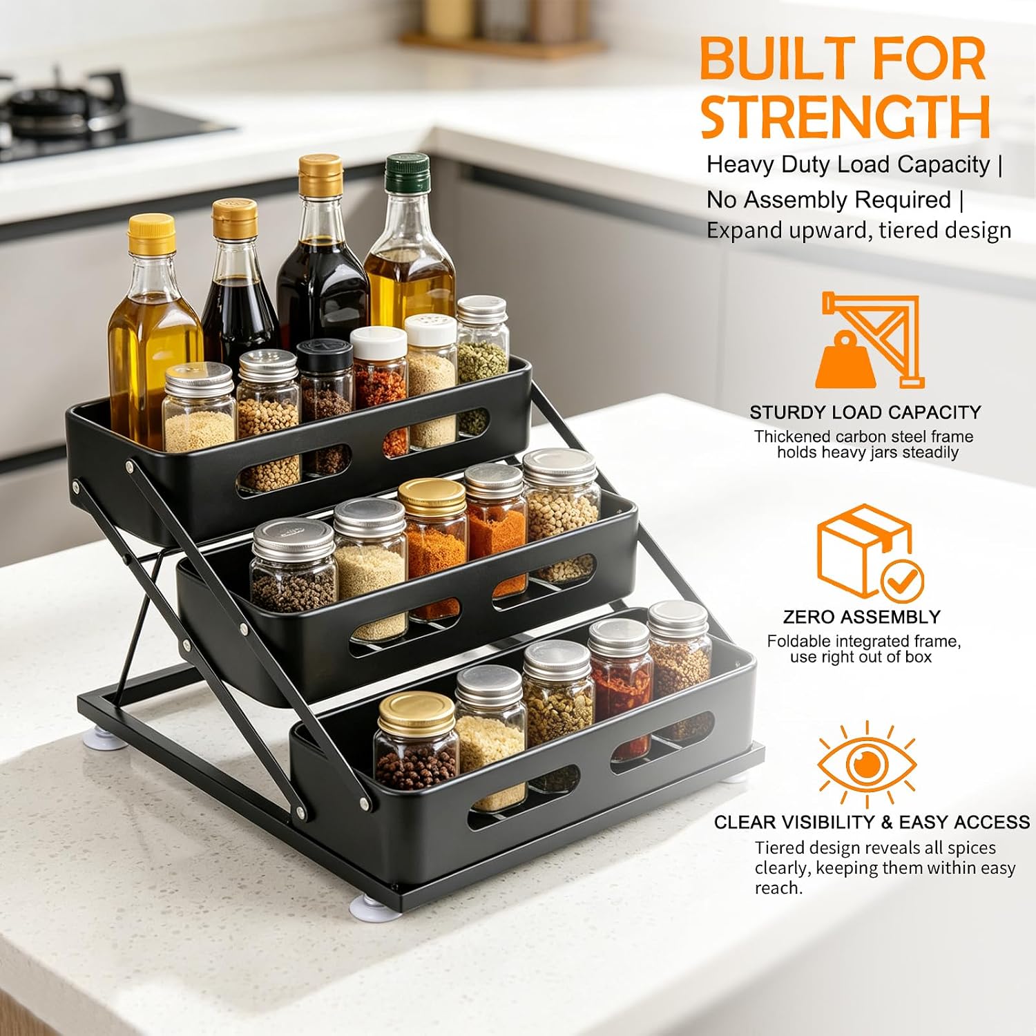 Spice Rack 3-Tier Foldable Seasoning Organizer For Countertop