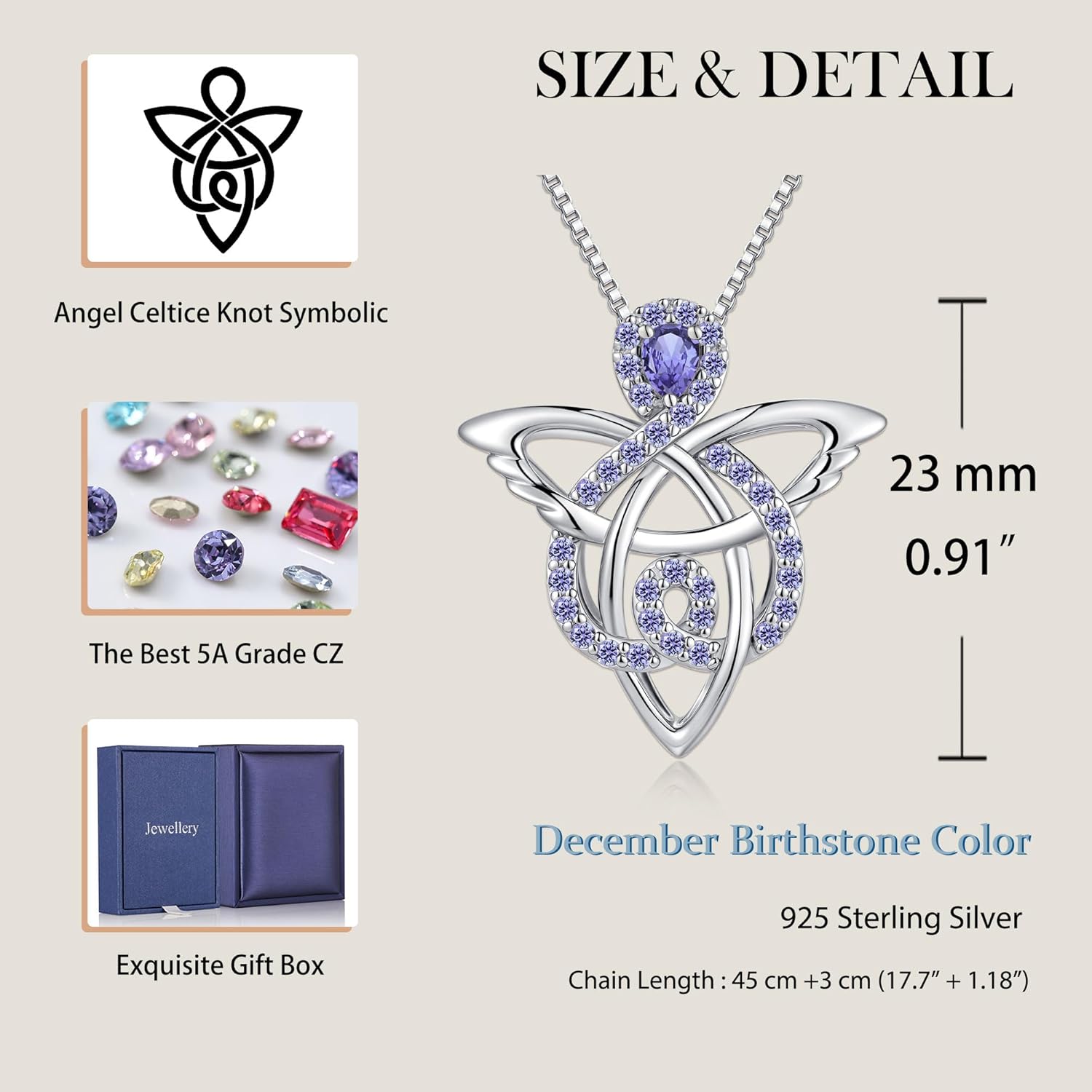 925 Sterling Silver Celtic Angel Necklace for Women, Trinity Knot Guardian Angel Pendant with Birthstone CZ, Irish Good Luck Gift - Image 5