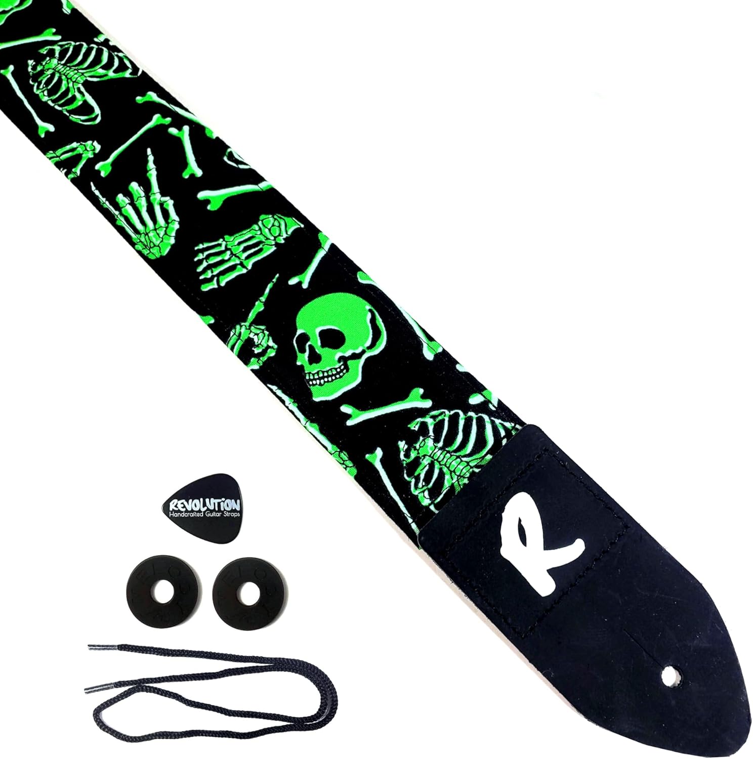 Glow in the Dark Skull Guitar Strap, Genuine Leather Ends, Includes 2 Strap Locks & 1 Pick. Adjustable Strap, Pick Pocket, For Bass, Electric & Acoustic Guitars Gift Men, Women & Kids