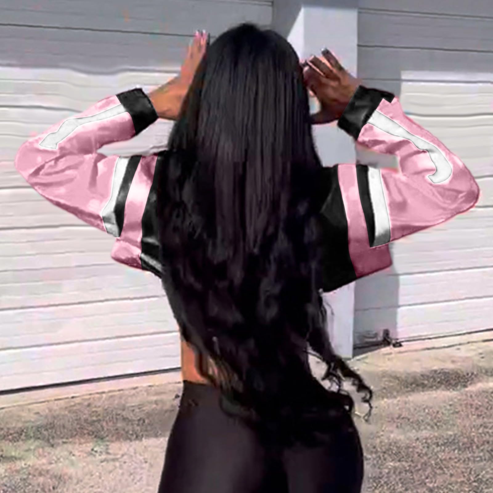 Lederjacke Damen Cropped Jacke Lässig Motorradjacke mit Reißverschluss Stehkragen Bikerjacke Y2K Brief Bomberjacke Kunstlederjacke Gothic Punk Jacke Übergangsjacke Streetwear
