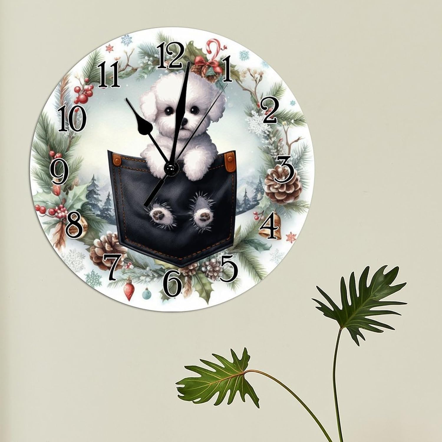 Bichon Frise Clocks Bichon Frise Funny Pocket Peeking Dog Wooden Wall Clock New Puppy Dog Round Hanging Wall Clocks Non-Ticking Silent Wall Clock for Home Living Room 15x15in