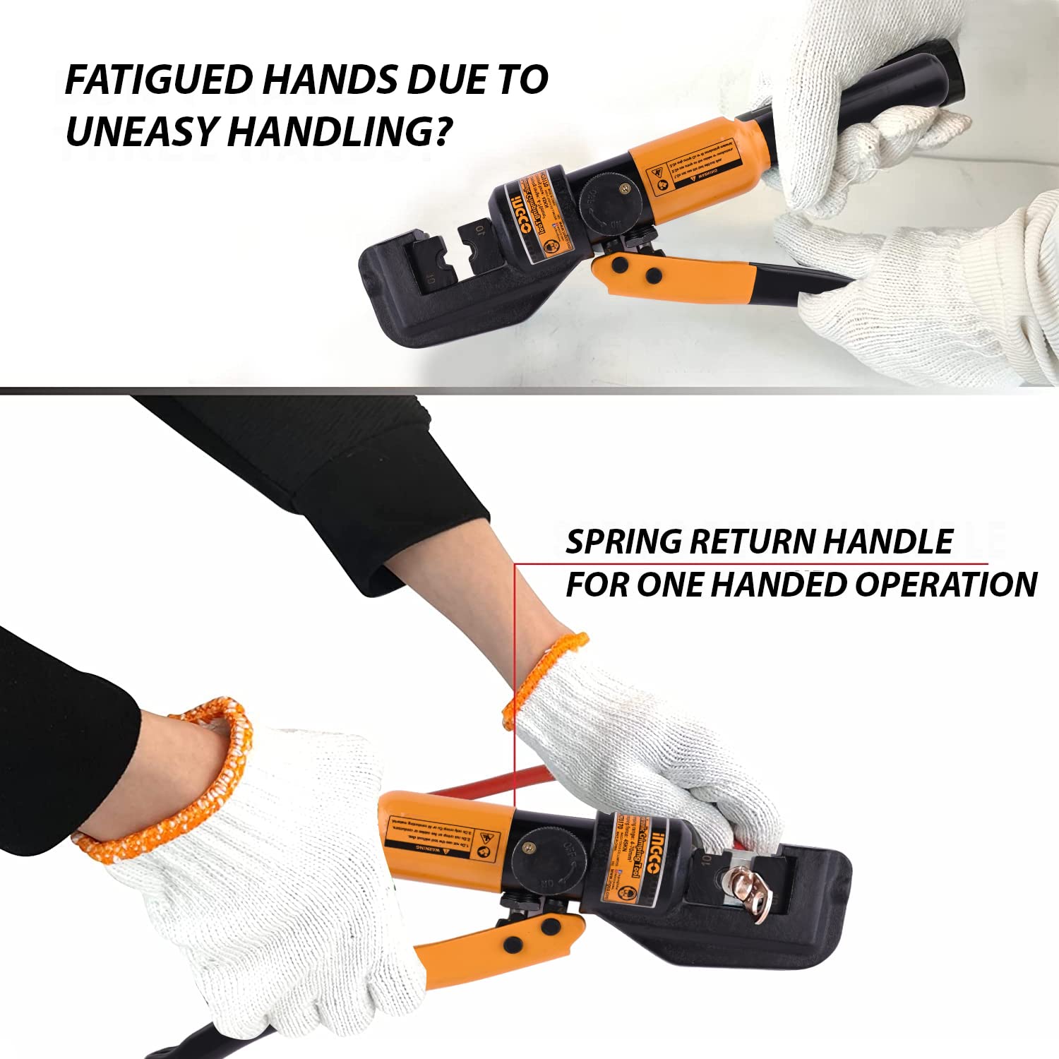 Image showing the INGCO Hydraulic Crimping Tool with a set of hardened steel dies