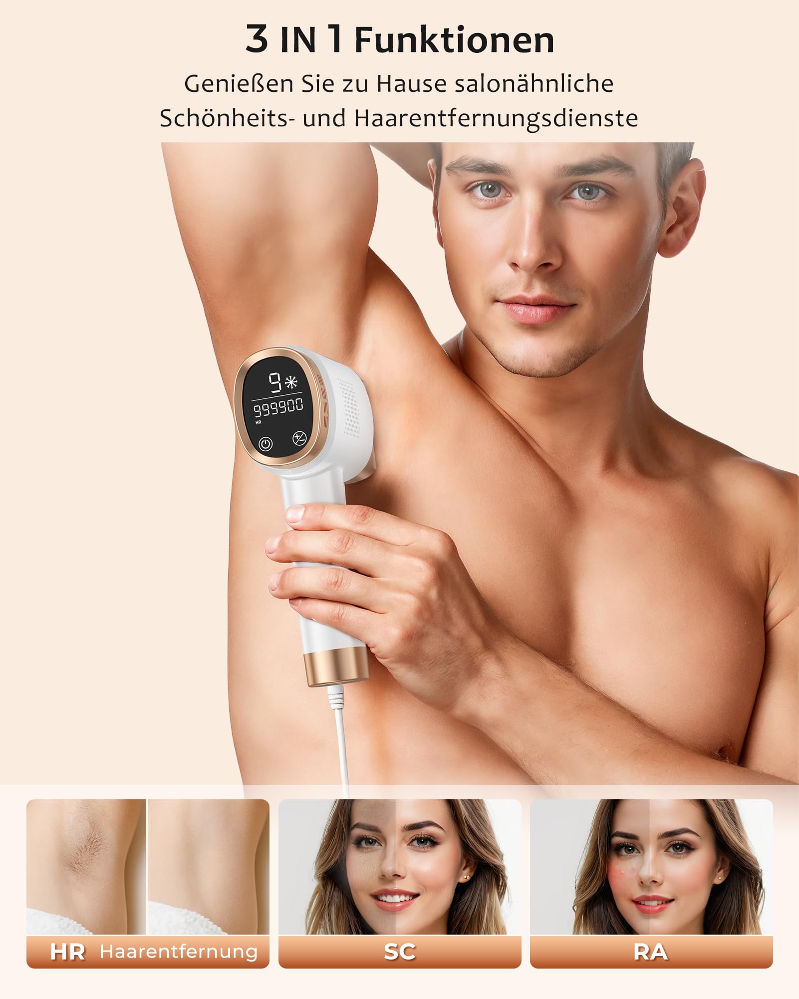 Geräte Haarentfernung mit 8℃ Kühlsystem, Schmerzfreie Haarentfernung Zuhause, 9 Energiestufen 21J für Damen Herren, Gesich Achseln Bikini Beine Körper, Gold