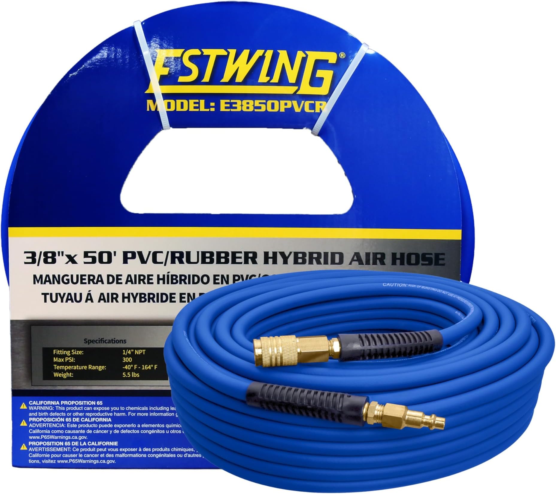 3/8" x 50' PVC/Rubber Hybrid Air Hose with 1/4" Brass Fittings