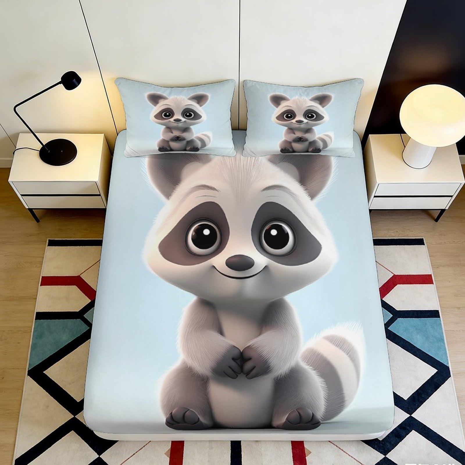 3D Printed Cartoon Raccoon Fitted Sheet Microfiber Deep Pocket Bedroom Bedding Cartoon Mattress Fitted Cover Washable 90x200x25cm