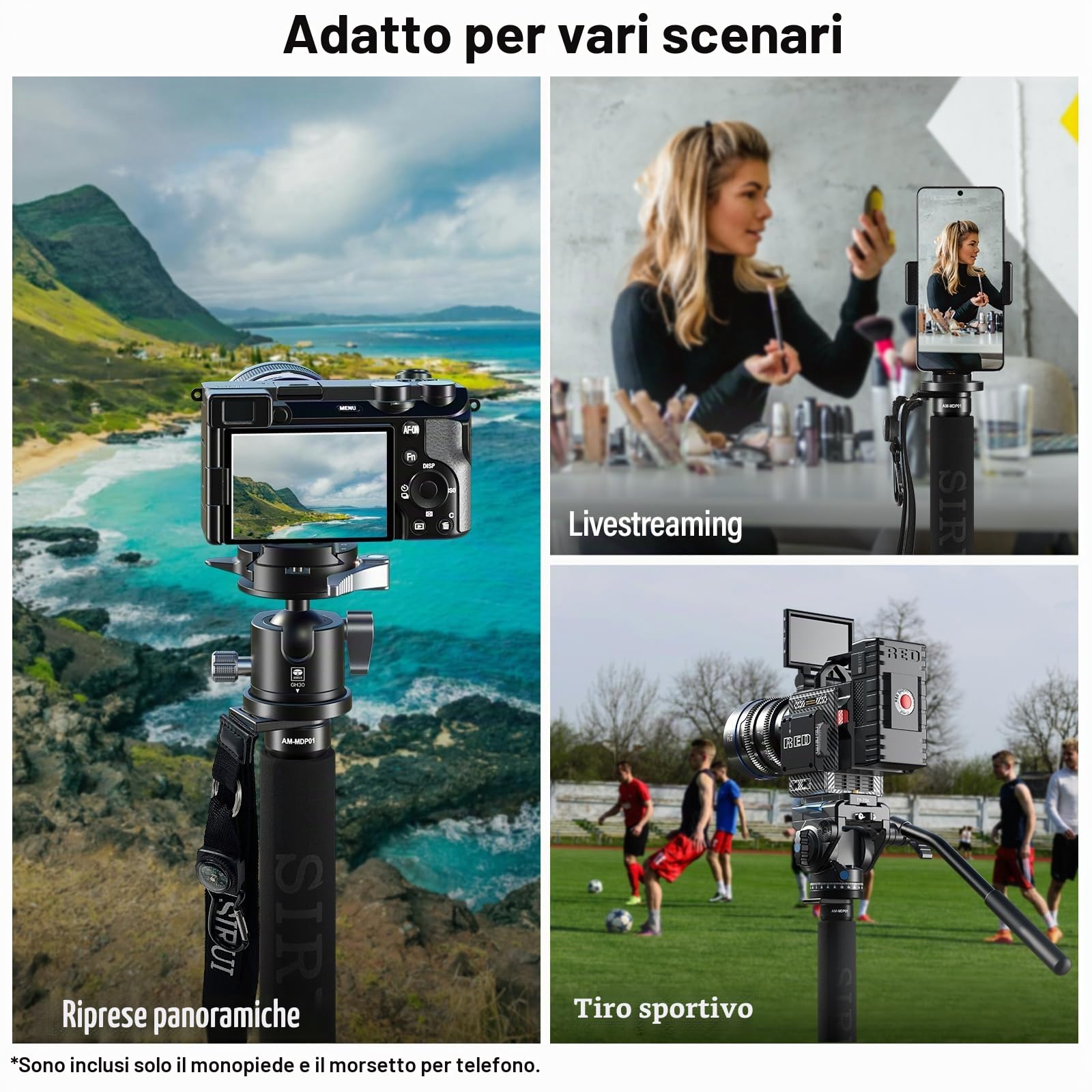 SIRUI Monopiede in fibra di carbonio per fotocamere, monopiede da viaggio compatto e leggero da 65 pollici, 5 sezioni, supporto per telefono incluso, carico fino a 22 libbre/10 kg, AM-MDP01