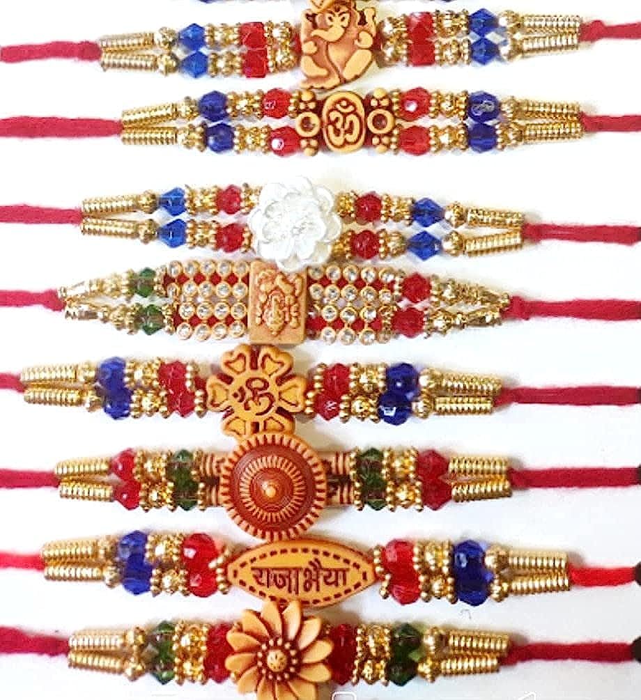 GenericAlpha Home Goods Rakhi for brother | Rakhee Bracelet on Festival of Raksha Bandhan for Brothers| Made-by fine Threads Rudraksha Kundan Multicolored Stone and Small White Beads