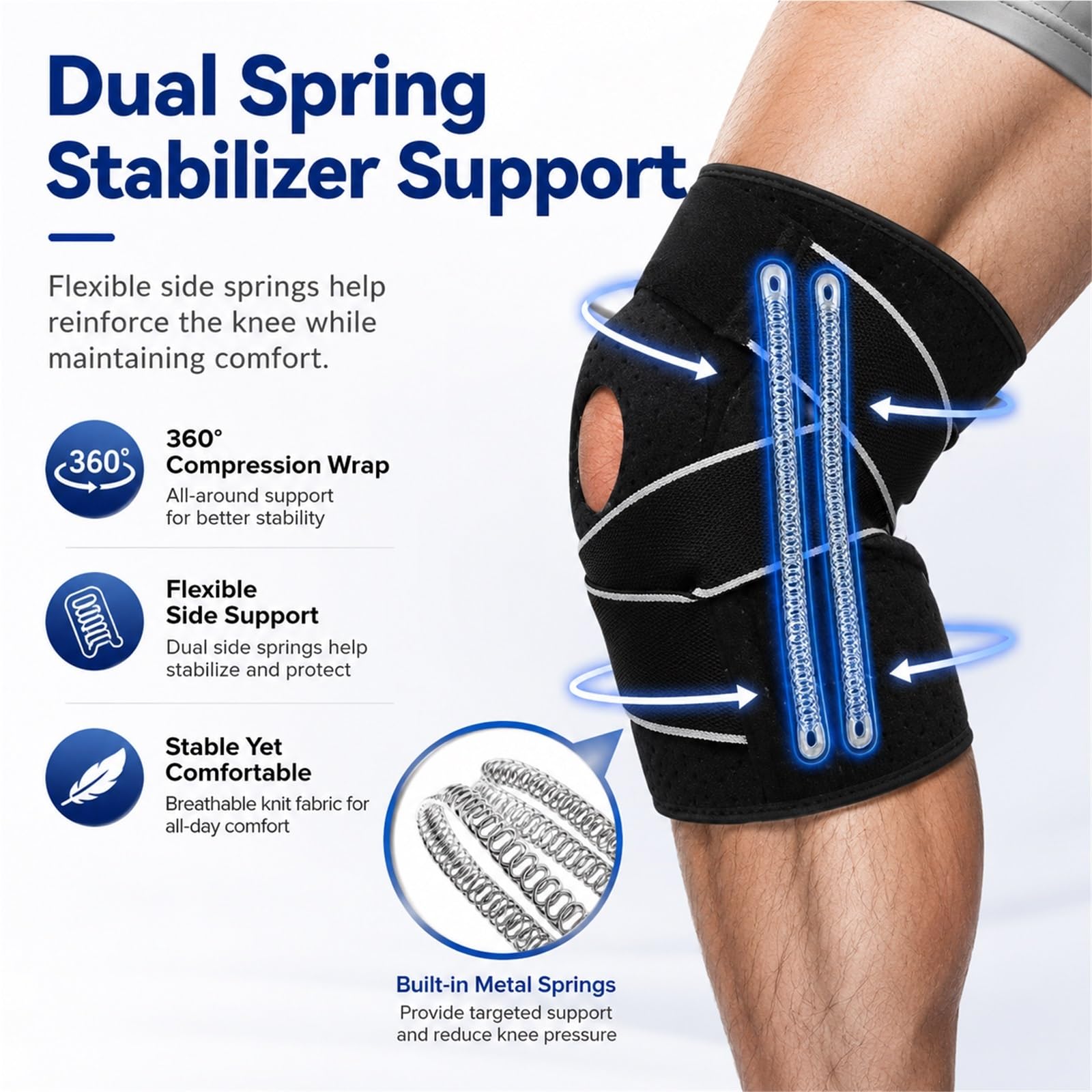 Soporte para la rodilla para hombres y mujeres, rodillera de compresión ajustable con estabilizadores laterales y almohadilla de gel de silicona para la rótula, ideal para correr, hacer senderism