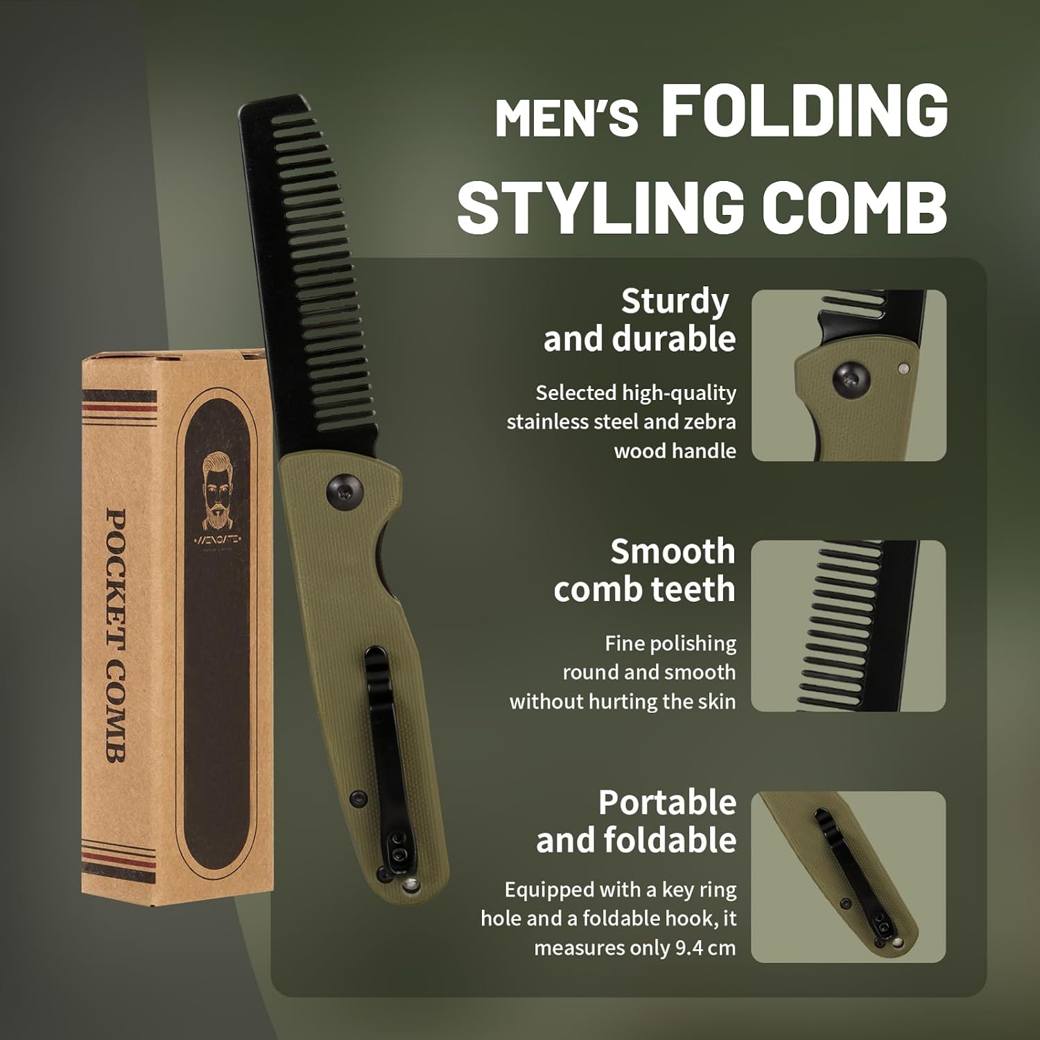 1 PC Folding Pocket Comb for Men - Stainless Steel Travel Hair & Beard Comb with G10 Handle, Compact 180° Rotating Design, Smooth Rounded Teeth, Portable Grooming Comb - Green