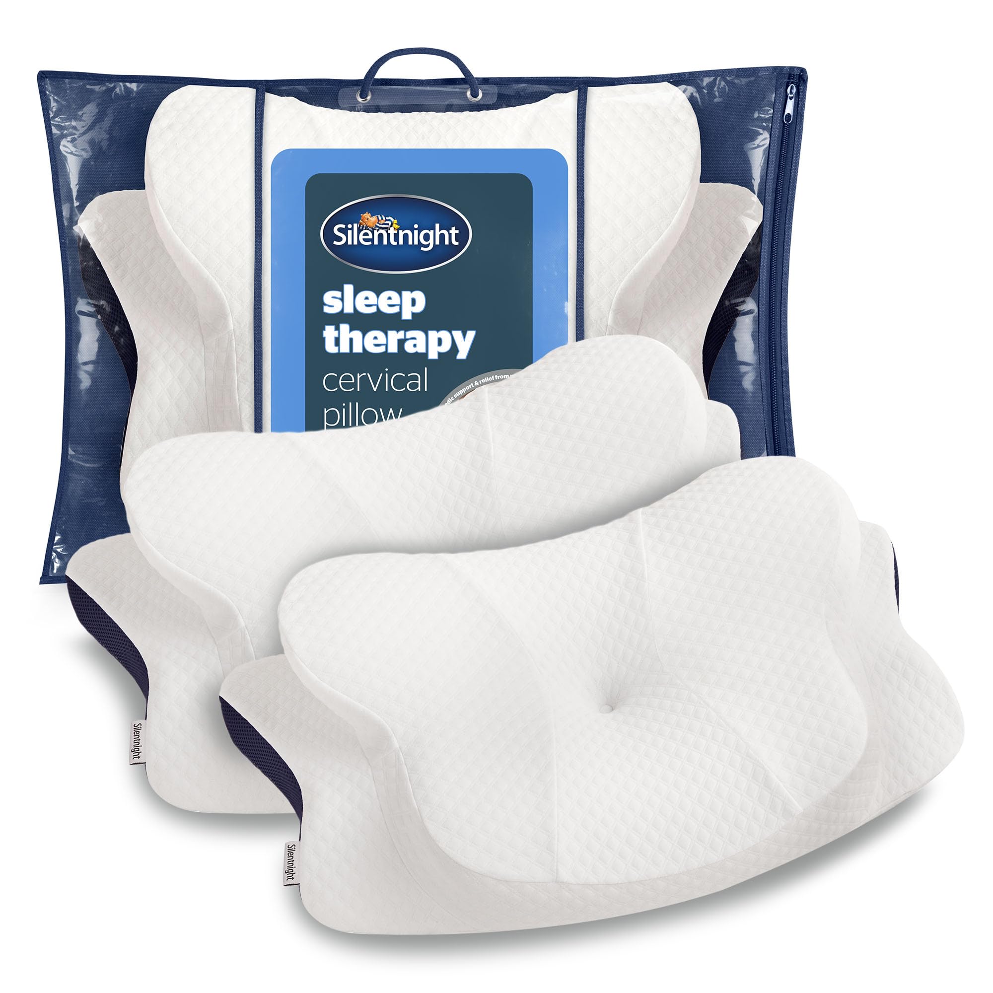 Silentnight Sleep Therapy Cervical Pillow - Orthopaedic Support Pressure Relief Eases Neck Shoulder Pain - Memory Foam Ergonomic Design For Front Side Back Sleepers - Breathable Hypoallergenic, 2 Pack
