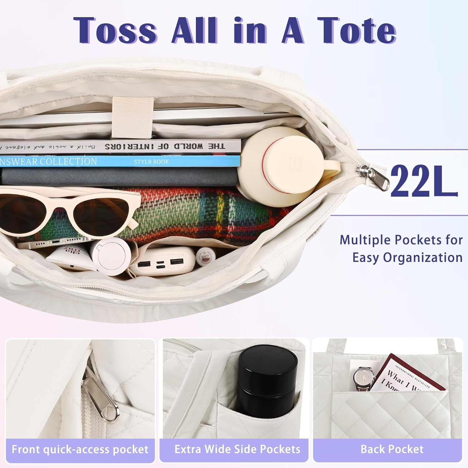 PYOF Tote Bag for Women, Large Puffer Tote Bag for Women, Quilted Puffy Bag with Zipper for Work Travel School Nurse - Image 3