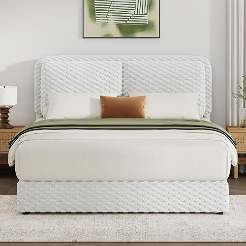 Miniatura 11 de Base de cama Queen con cabecero, plataforma tapizada de pana tamaño Queen con cabecero, no necesita somier, fácil montaje, color crema