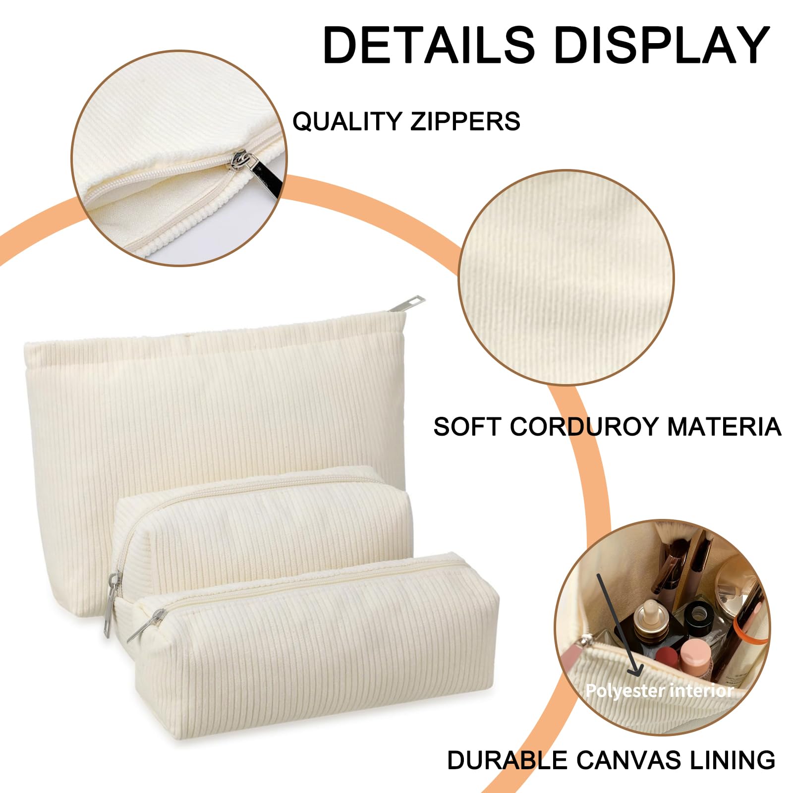JSTHHTT 3PC Neceser Maquillaje Mujer, Neceser Mujer, Neceser Viaje Mujer, Bolsas de Cosméticos de Tejido de Pana con Cremallera, Bolsa Maquillaje, Bolsa de Maquillaje Portátiles, Accesorios Viaje — view 4