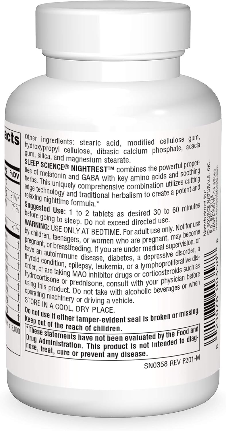 Source Naturals Sleep Science NightRest Multi-Nutrient & Herb Complex With Melatonin, GABA, Passion Flower, Chamomile, Lemon Balm & More - Herbal Formula - 100 Tablets  : Health & Household