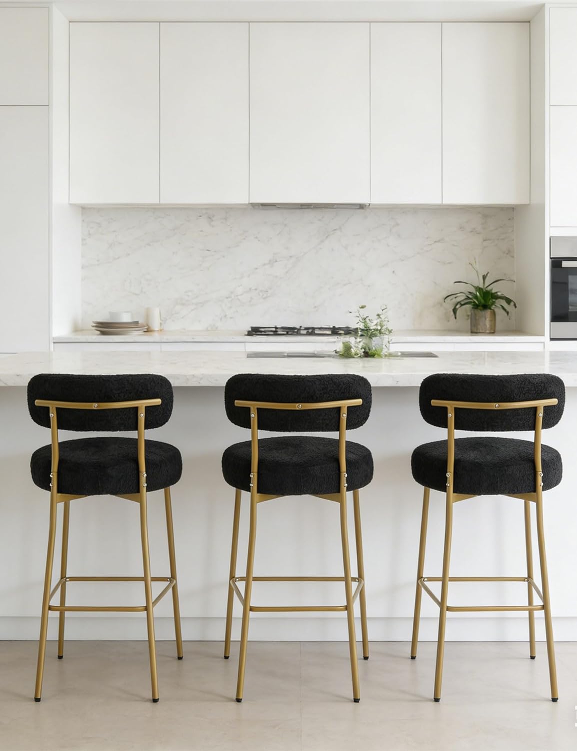 Black Bar Stools Set of 3, Boucle Counter Height Bar Stools, 28" Modern Counter Stools with Backs, Upholstered Barstools with Gold Legs for Kitchen Island, Bar, Cafe