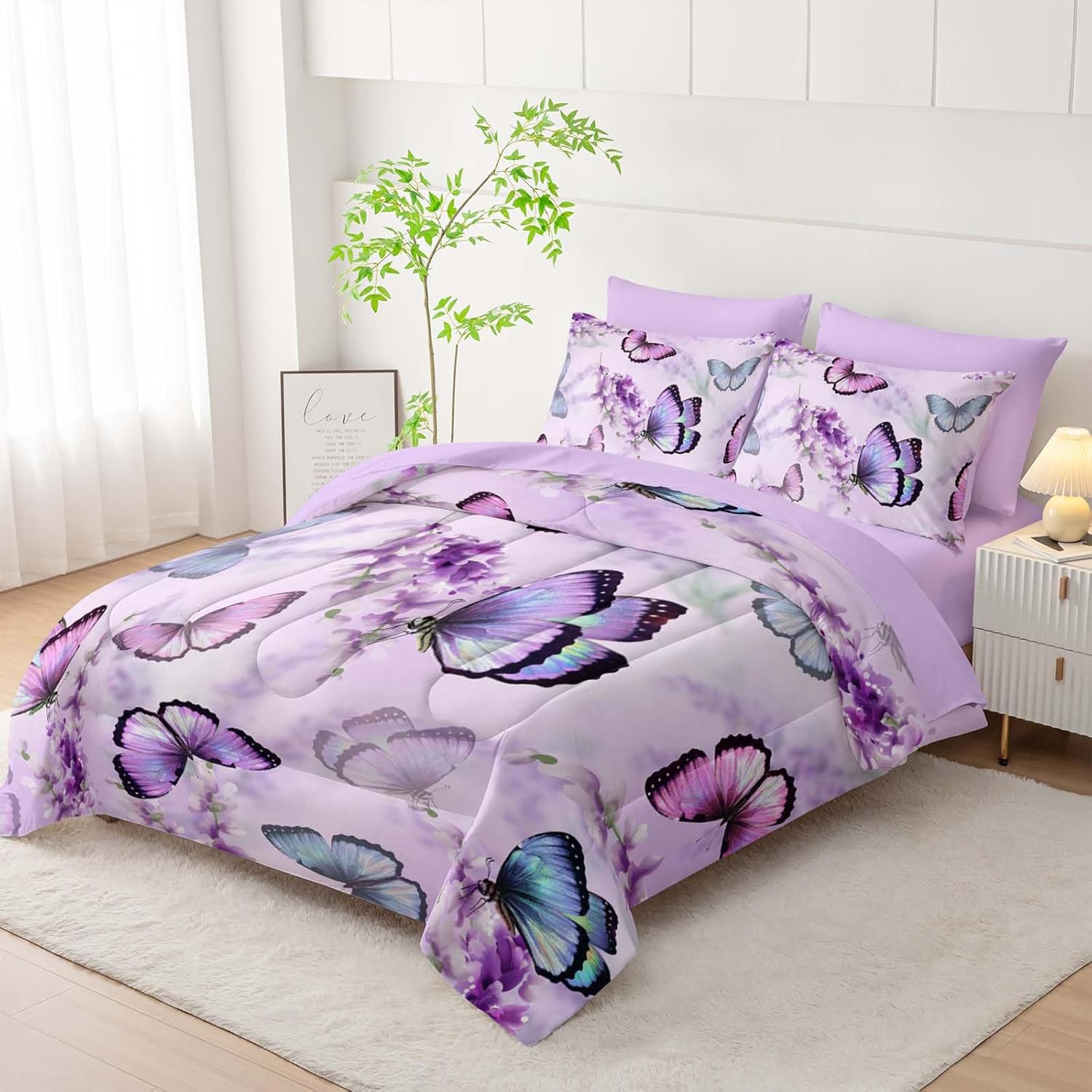 Lavender Butterfly Comforter for Girl Kid Adult 7Pcs Colorful Butterfly Pattern Bedding Aesthetics Butterflies Quilt Bed Set Twin with 2 Sheets,2 Pillowcases,2 Throw Pillow Covers - Image 2