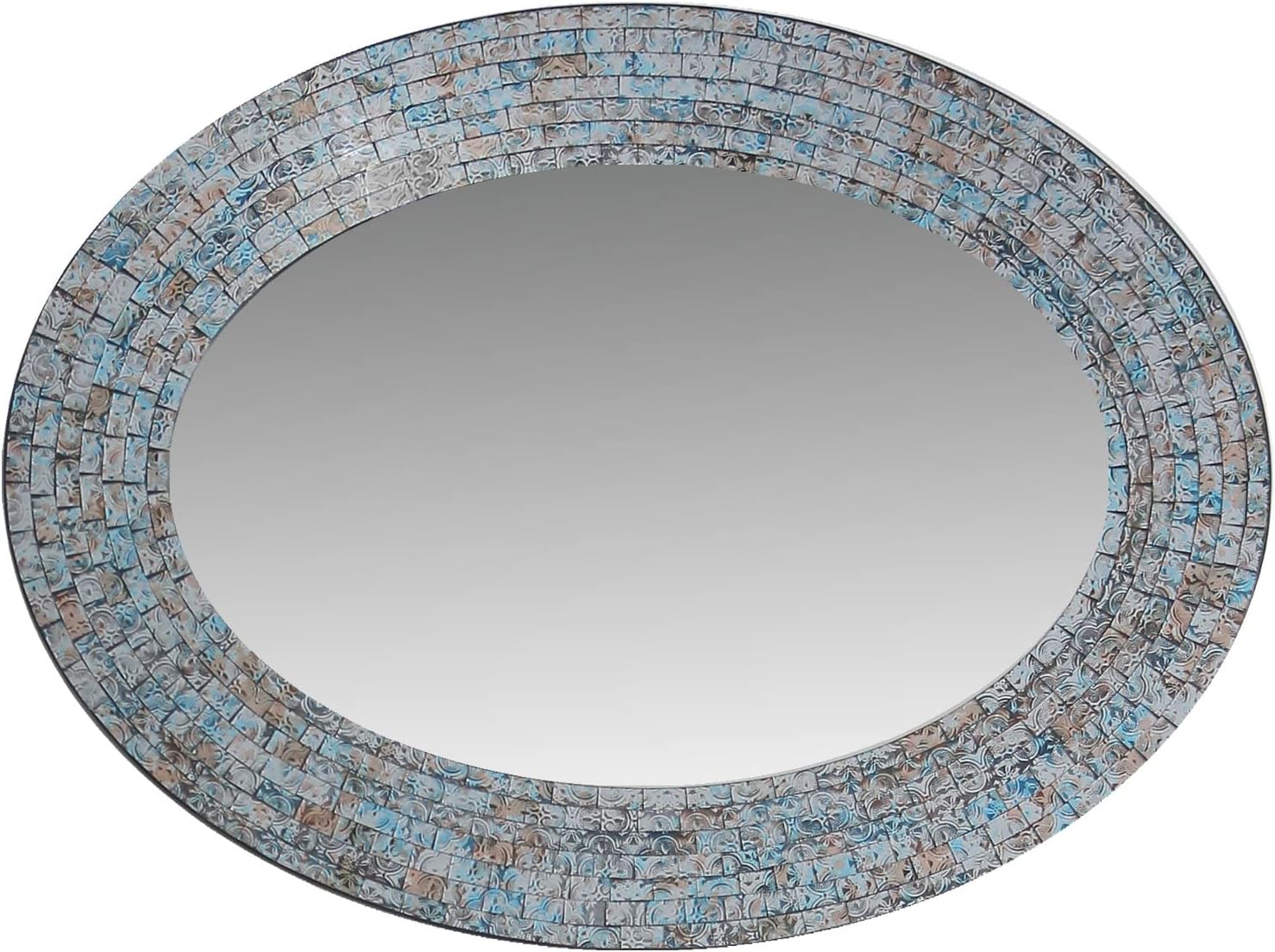 Zorigs Handcrafted Mosaic Wall Mirror - Silver Blue Tan Oval 32x24" Decorative Art for Bedroom, Bathroom, Living Room