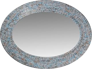 Zorigs Handcrafted Mosaic Wall Mirror - Silver Blue Tan Oval 32x24" Decorative Art for Bedroom, Bathroom, Living Room