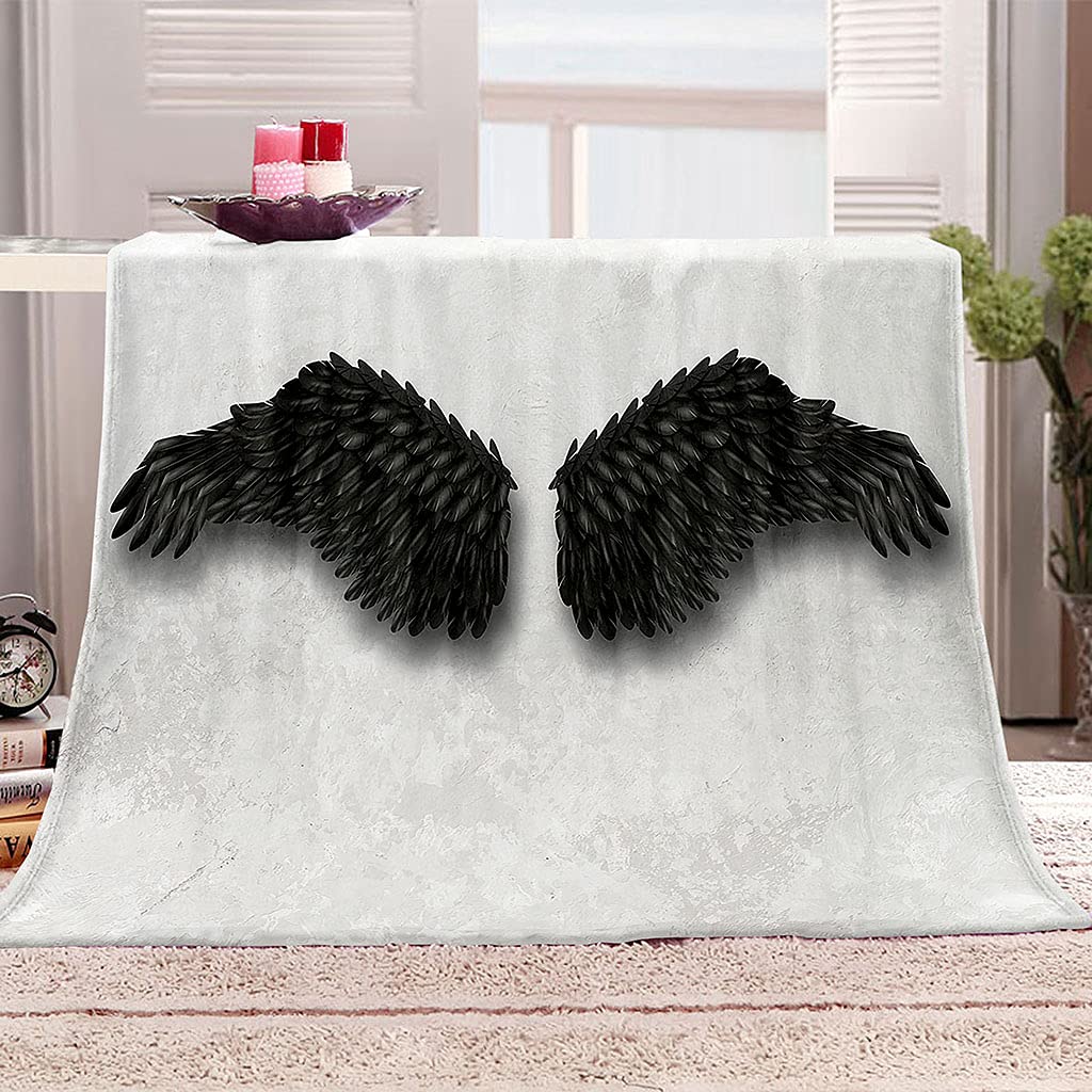 Sherpa Throw Blanket 3D Black Angel Wings Pattern Soft Fluffy Flannel Fleece Blanket, Warm Thick Velvet Plush Couch Sofa Throw, Cozy Winter Single Bed Blankets For Kids 180X220Cm