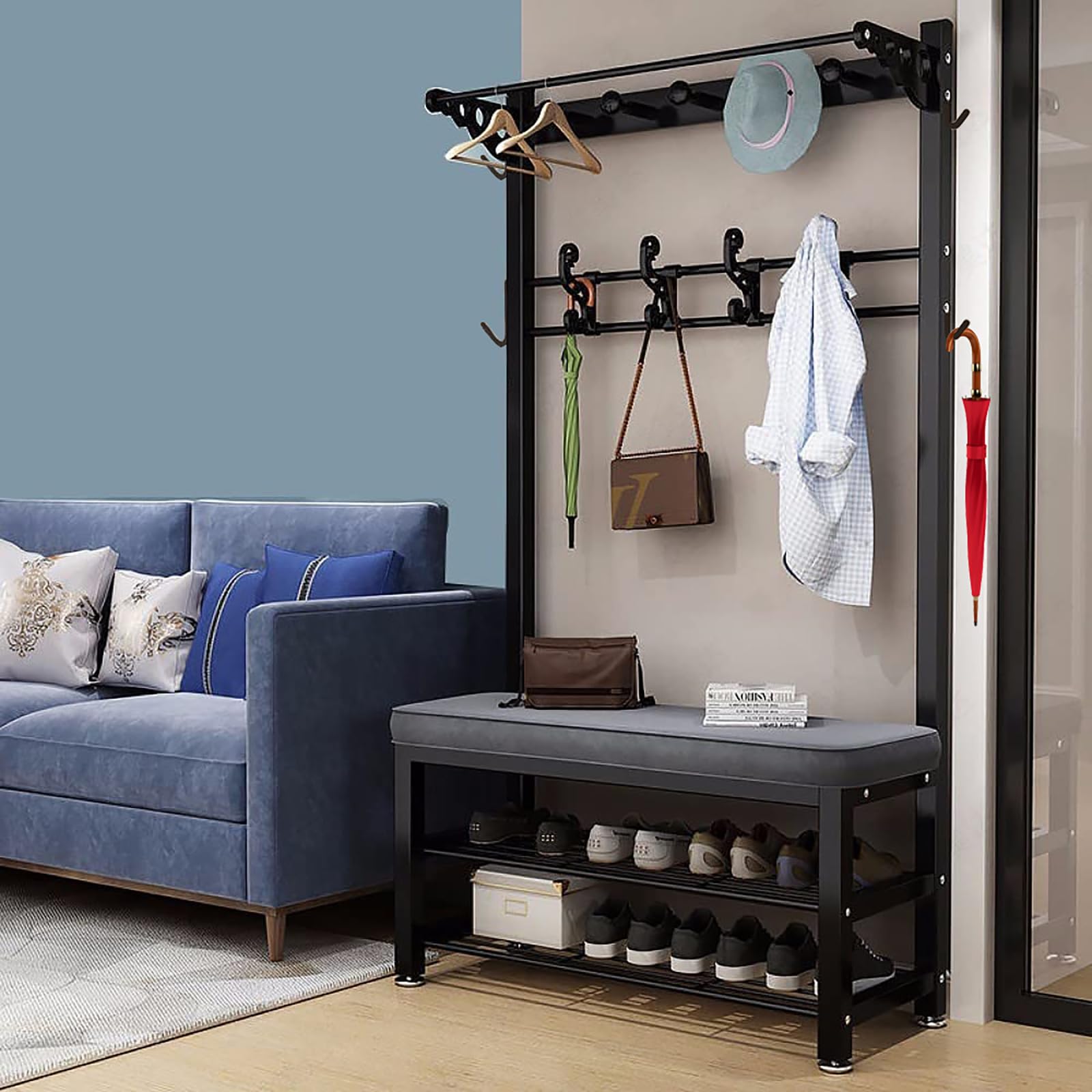 Wpptnsfy Black Grey Metal Coat Rack With Shoe Bench And Hook, Multifunctional Entry Bench With Coat Rack, Easy To Assemble For Living Room, Hallway 80/100 * 33 * 172Cm