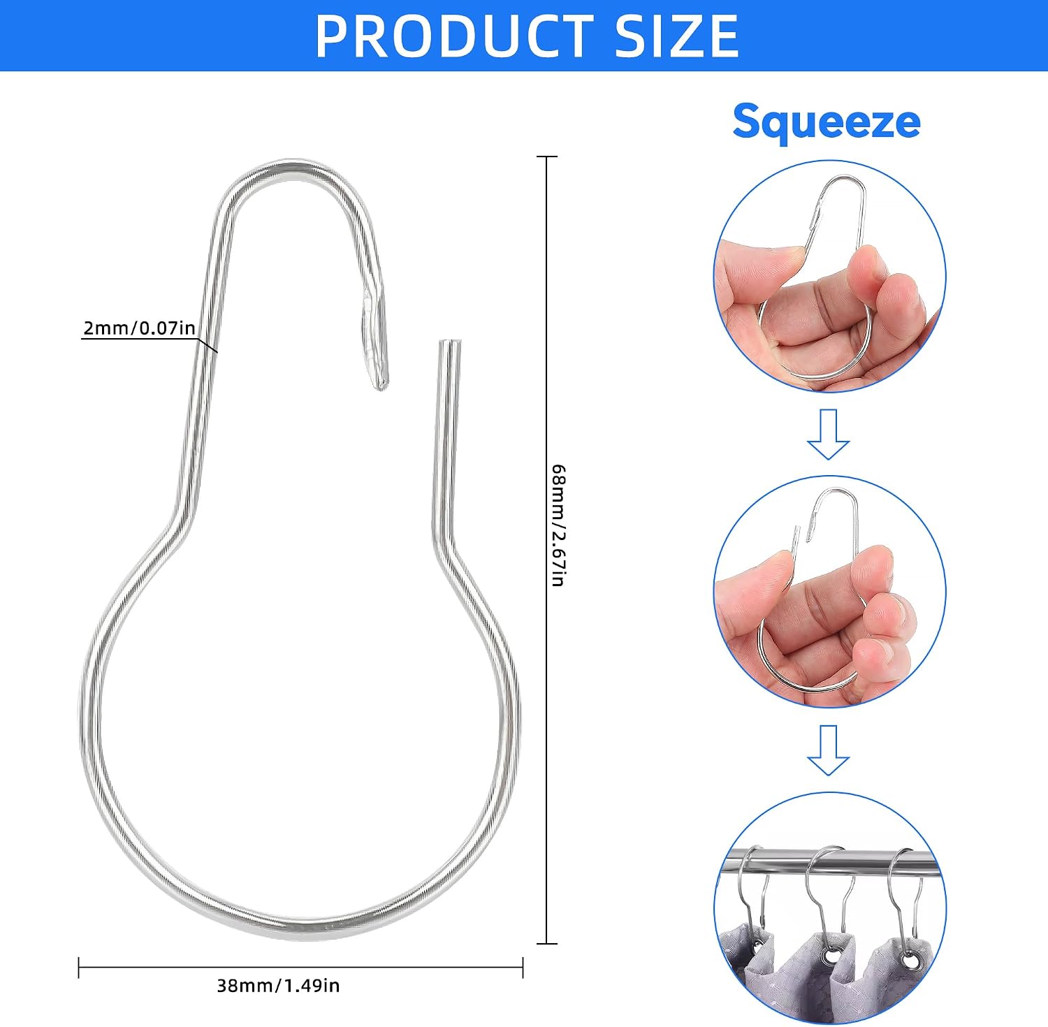 40Pcs Metal Shower Curtain Hooks,Stainless Steel Shower Curtain Rings, Silver Shower Curtain Style Hanging Clip Chain Hooks for Bathroom Shower Curtain Rod
