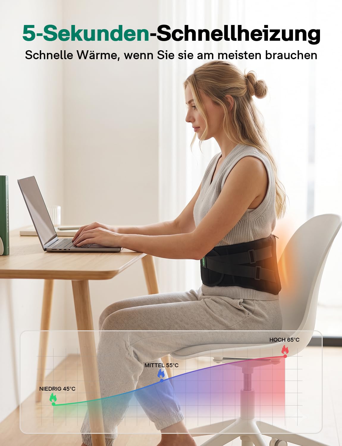 Wärmegürtel Rücken mit 5000mAh Akku, Ultraleise, 5 Vibrationsmodi, Schnelles Aufheizen in 3 Sekunden, 3 Heizstufen, Automatische Abschaltung nach 30 Minuten, 35 dB Geräuschlos
