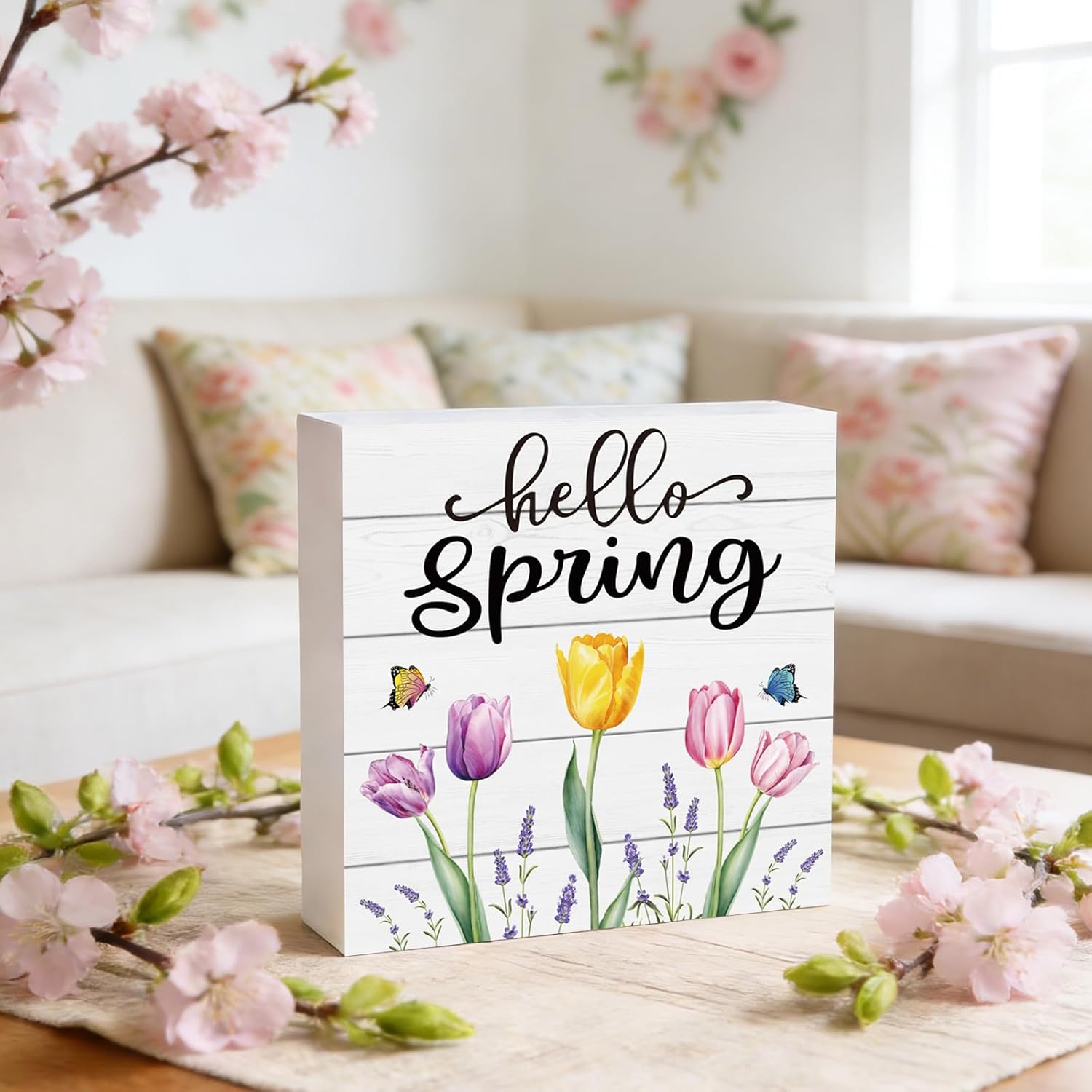 Spring Table Decor Spring Decorations Indoor Tulips Hello Home Room Office Bathroom Wood Box Sign Rustic Wooden Shelf Desk Decor Season Sign House Warming Gifts 5.9 x 5.9 Inch