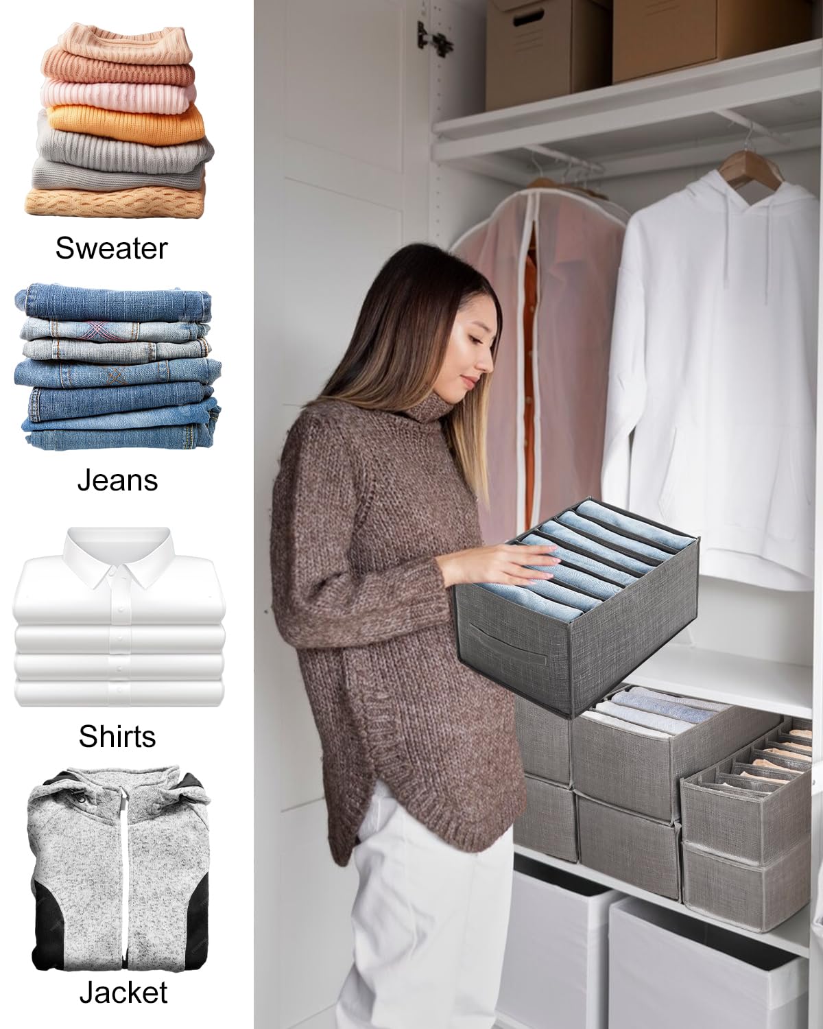 Niviy Hosen Organizer 2er Set – Faltbare Schubladenbox 7 Fächer, L44xB30xH20 Cm, Grau, Für Kleiderschrank, Pullover, Unterwäsche