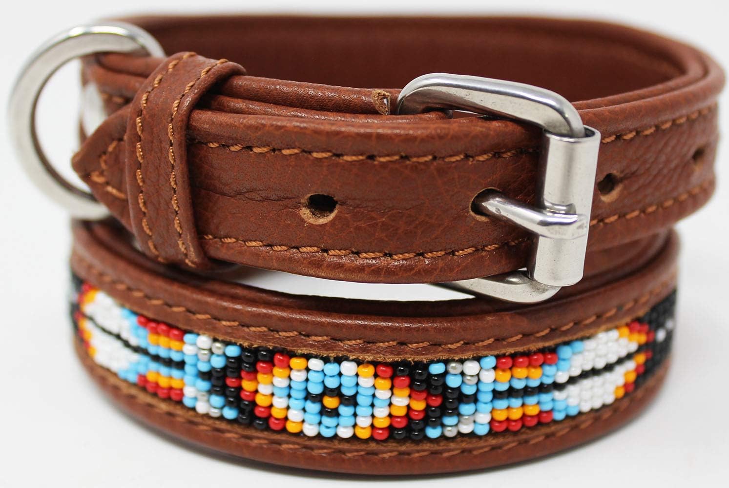 Large 21''- 25'' Soft Genuine Leather Beaded Padded Dog Puppy Collar 60RT04CH